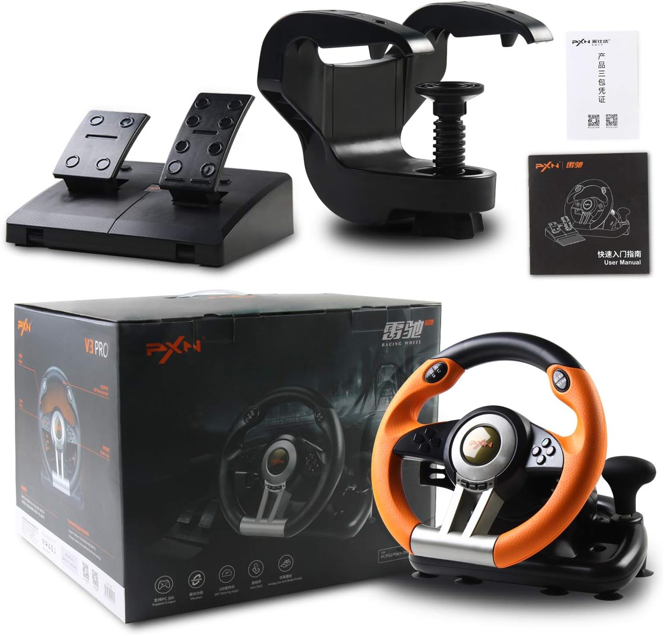Bilişim Burada PXN V3 Pro Turuncu V3II 180° USB Gaming Direksiyon Seti PS4  PS3, Xbox One, Xbox Series X S, Nintendo Switch ve PC Uyumlu